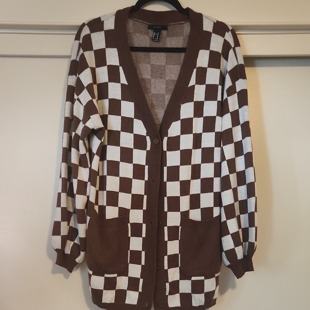 Brown and White Checkered Cardigan